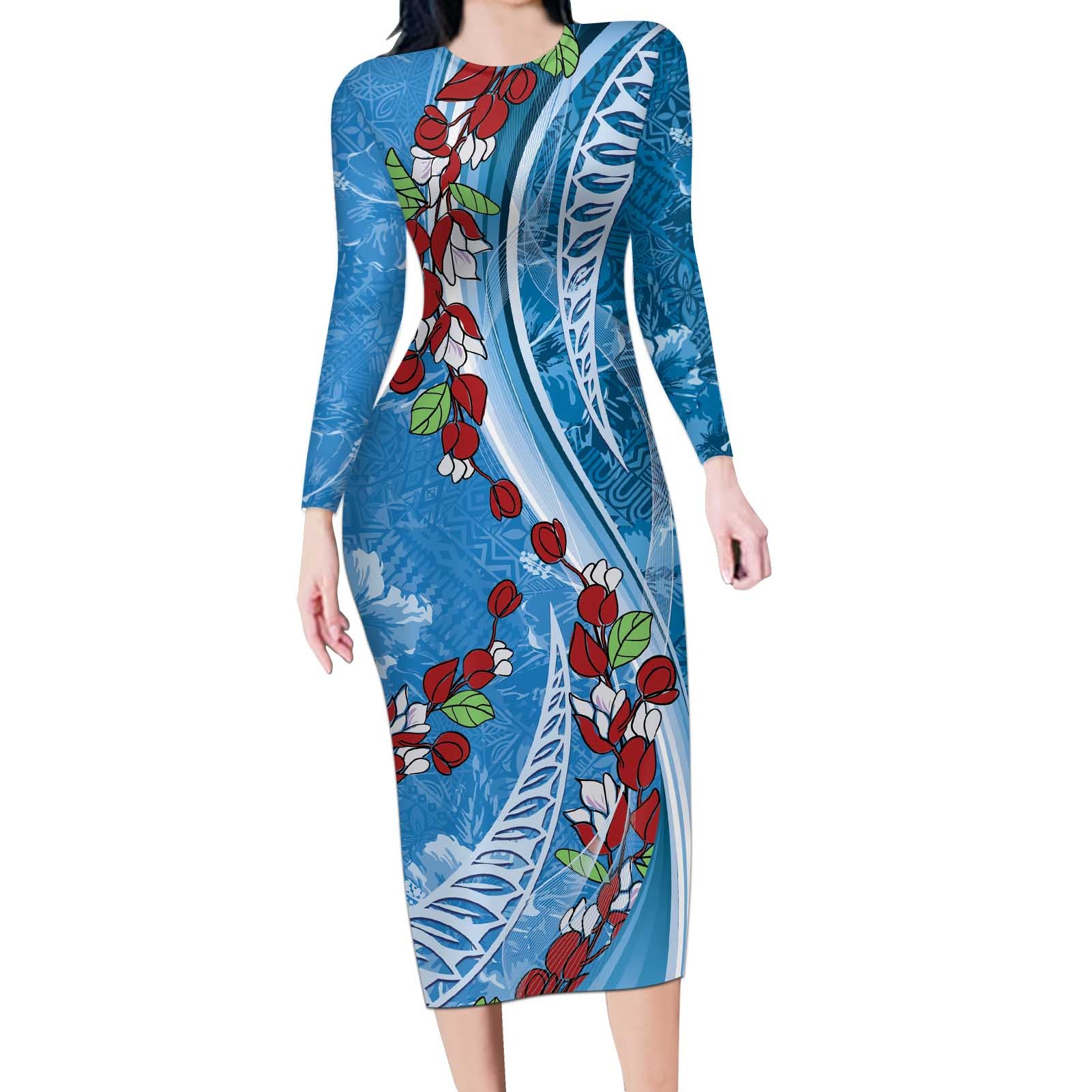 Fiji Tagimaucia Floral Long Sleeve Bodycon Dress Tapa Pattern