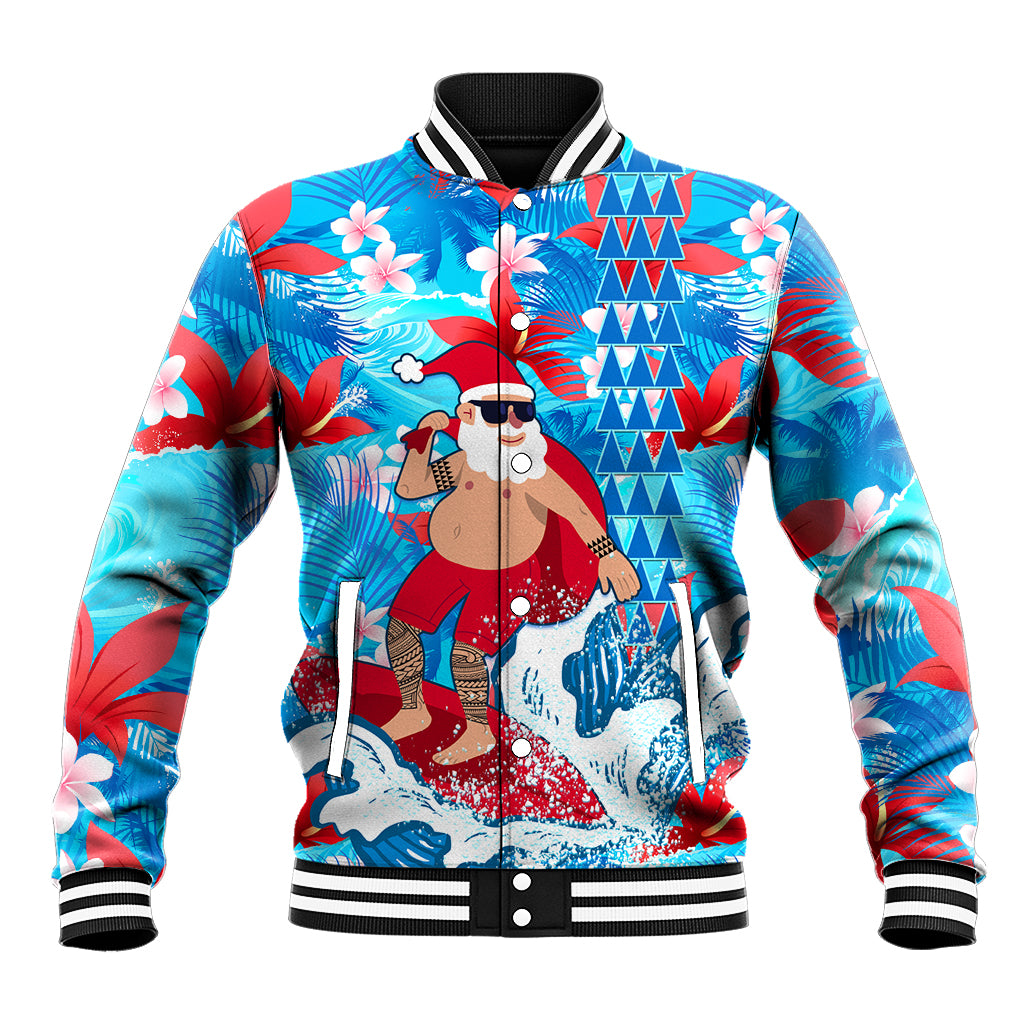 Hawaii Christmas Baseball Jacket Santa Claus Surfing Kakau Tropical Style LT01 Unisex Blue - Polynesian Pride