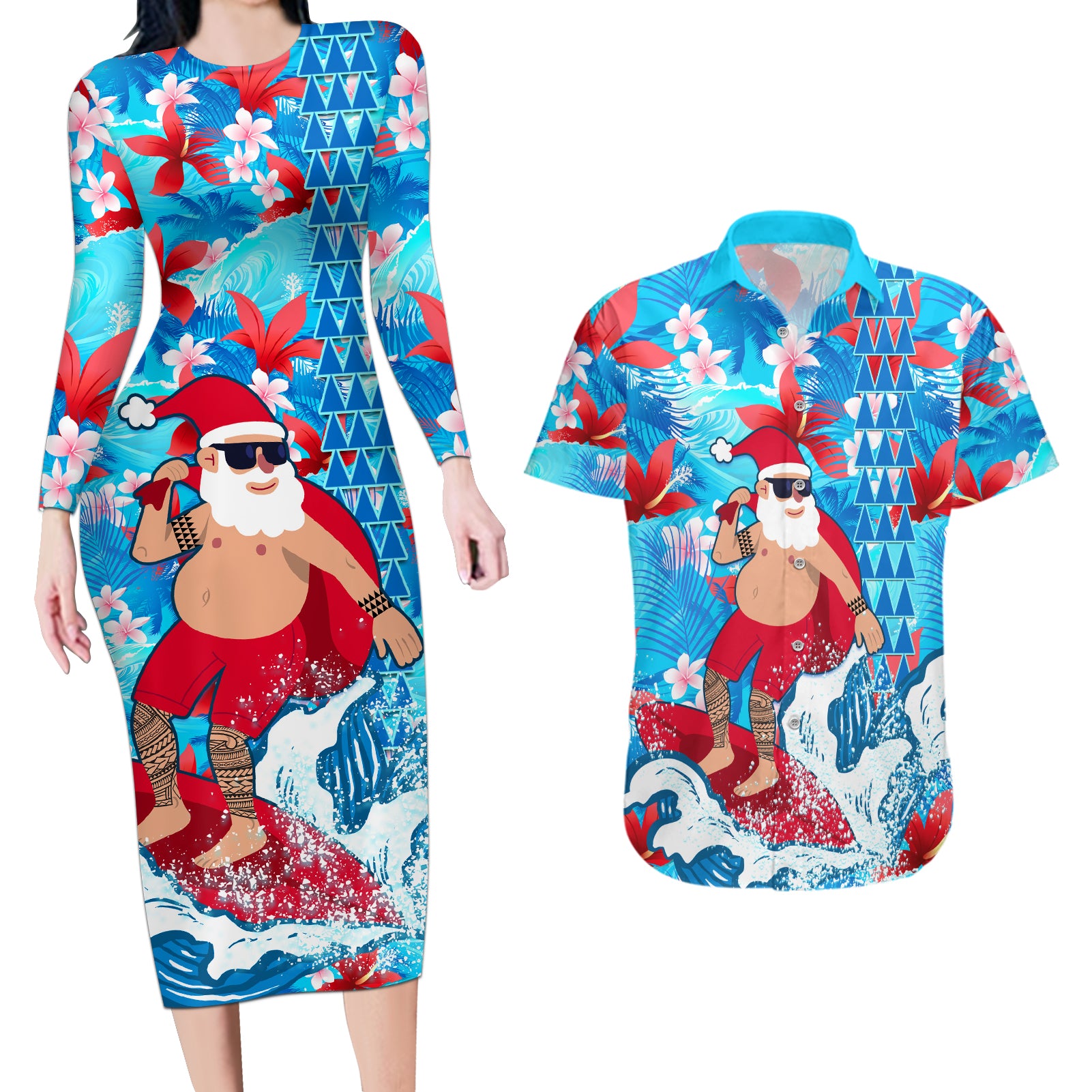 Hawaii Christmas Couples Matching Long Sleeve Bodycon Dress and Hawaiian Shirt Santa Claus Surfing Kakau Tropical Style LT01 Blue - Polynesian Pride