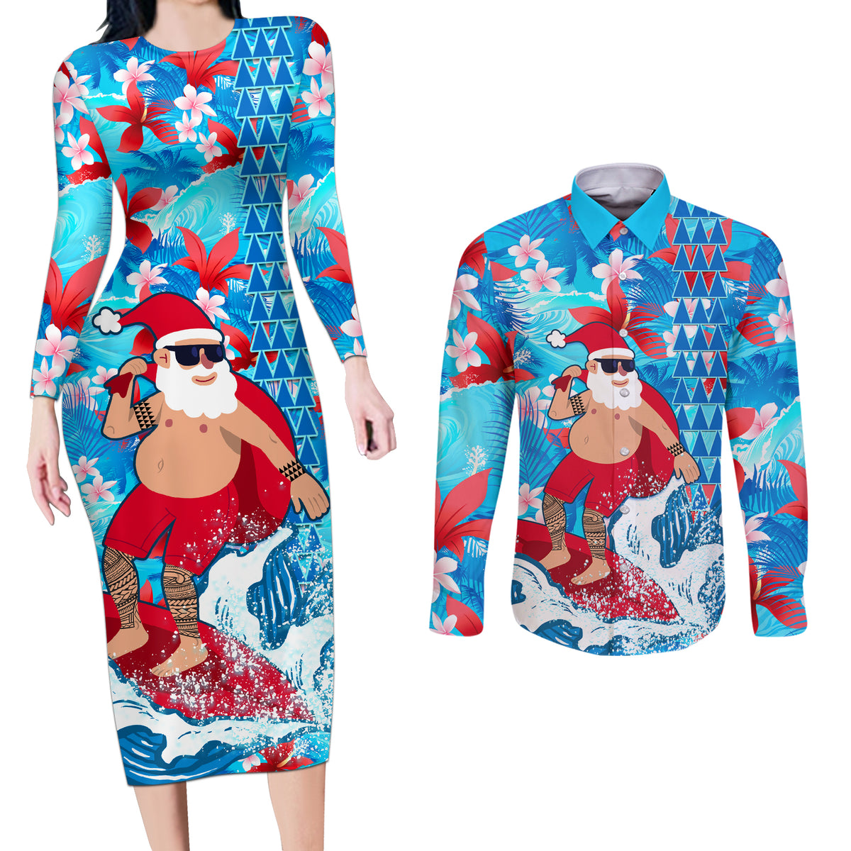 Hawaii Christmas Couples Matching Long Sleeve Bodycon Dress and Long Sleeve Button Shirt Santa Claus Surfing Kakau Tropical Style LT01 Blue - Polynesian Pride