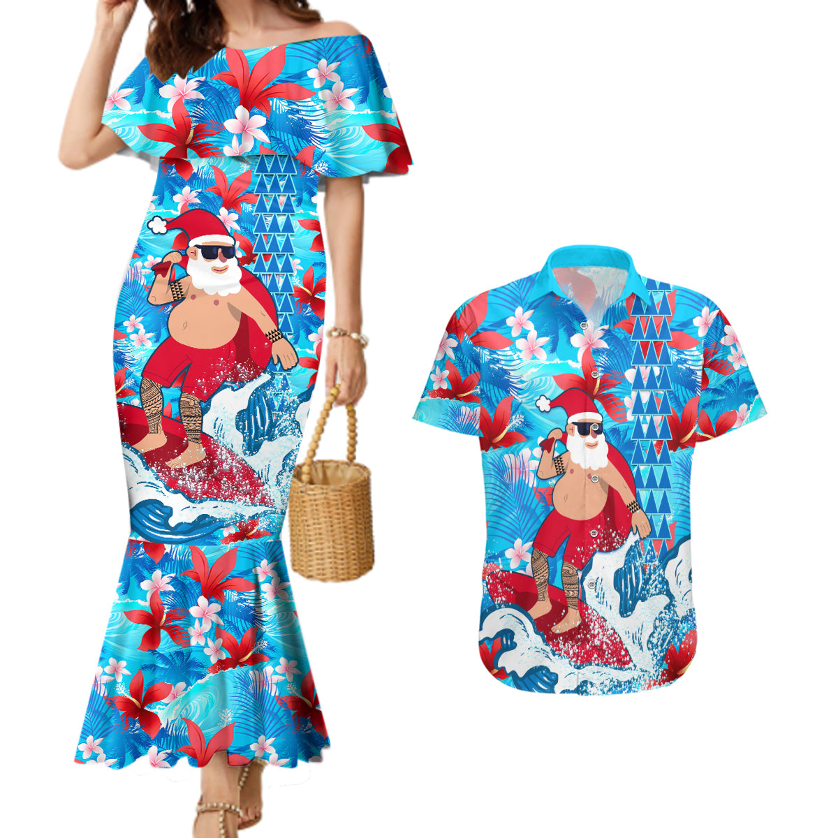 Hawaii Christmas Couples Matching Mermaid Dress and Hawaiian Shirt Santa Claus Surfing Kakau Tropical Style LT01 Blue - Polynesian Pride