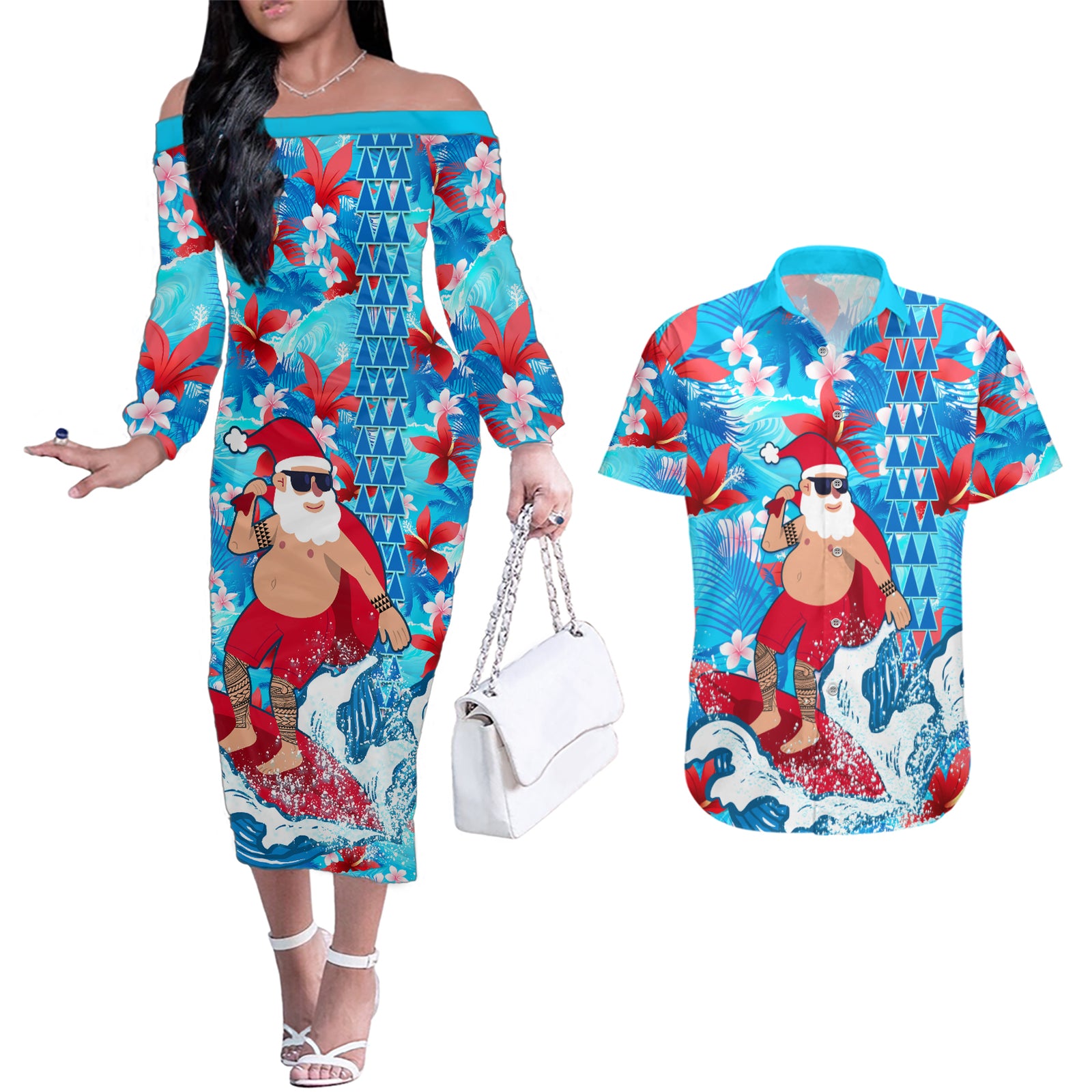 Hawaii Christmas Couples Matching Off The Shoulder Long Sleeve Dress and Hawaiian Shirt Santa Claus Surfing Kakau Tropical Style LT01 Blue - Polynesian Pride