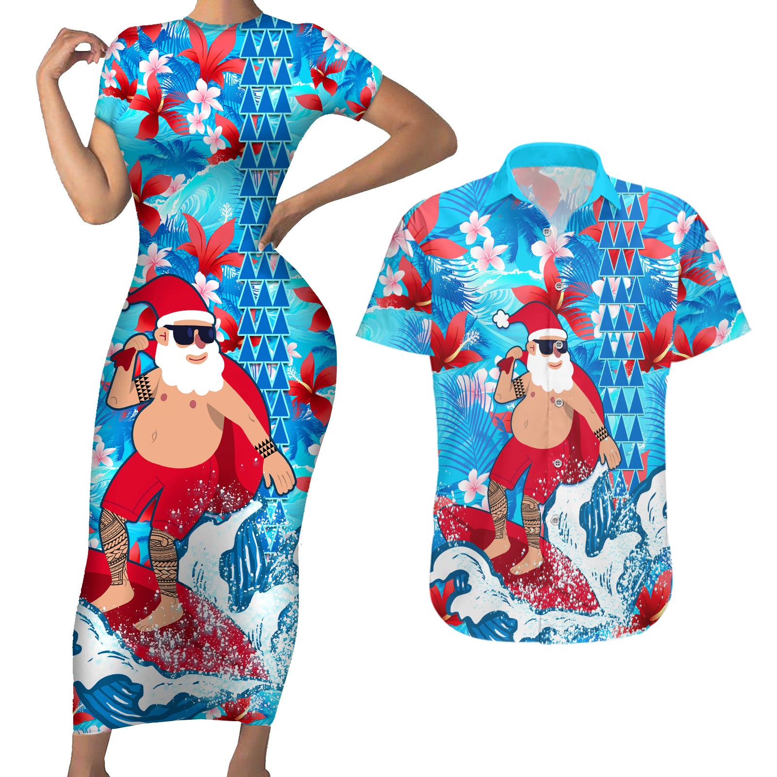 Hawaii Christmas Couples Matching Short Sleeve Bodycon Dress and Hawaiian Shirt Santa Claus Surfing Kakau Tropical Style LT01 Blue - Polynesian Pride