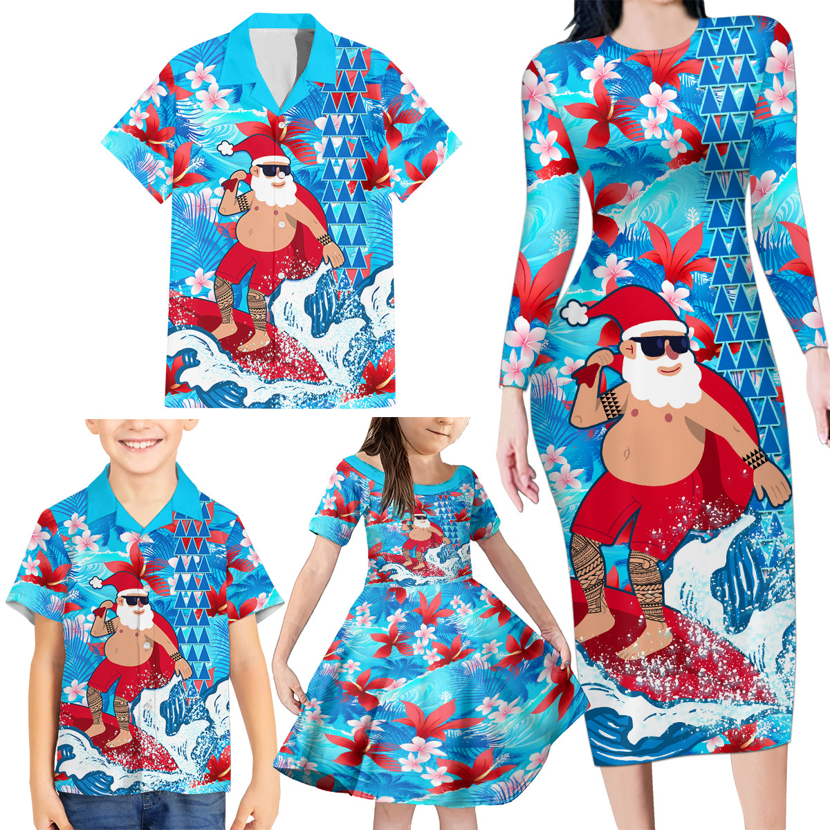 Hawaii Christmas Family Matching Long Sleeve Bodycon Dress and Hawaiian Shirt Santa Claus Surfing Kakau Tropical Style LT01 - Polynesian Pride