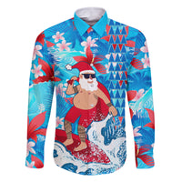 Hawaii Christmas Family Matching Mermaid Dress and Hawaiian Shirt Santa Claus Surfing Kakau Tropical Style LT01 Dad's Shirt - Long Sleeve Blue - Polynesian Pride