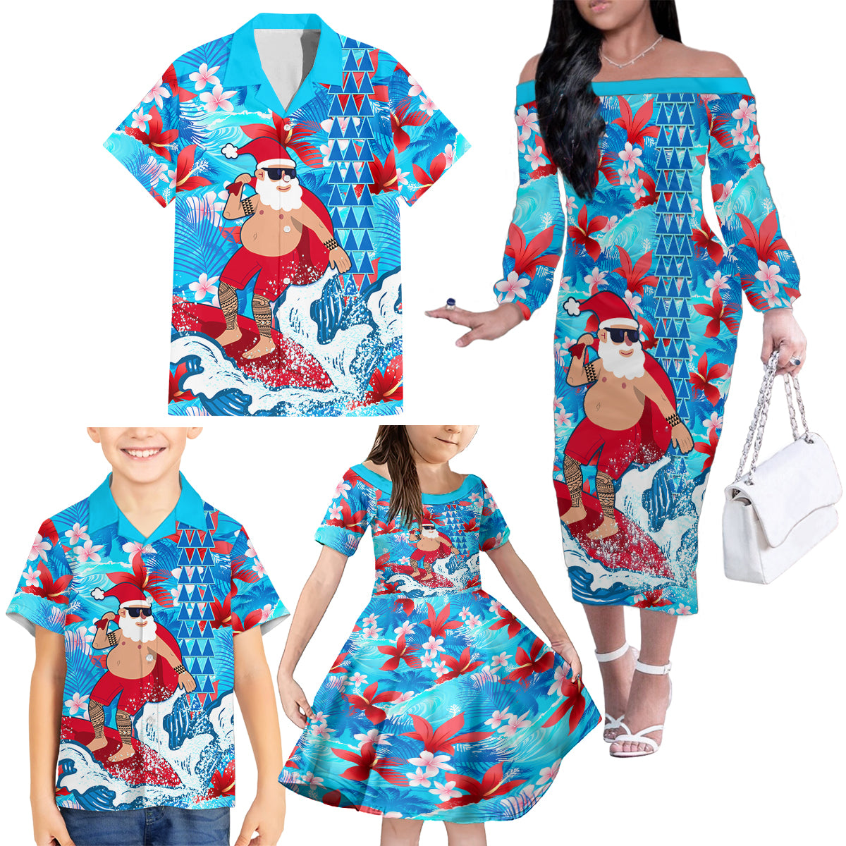 Hawaii Christmas Family Matching Off Shoulder Long Sleeve Dress and Hawaiian Shirt Santa Claus Surfing Kakau Tropical Style LT01 - Polynesian Pride