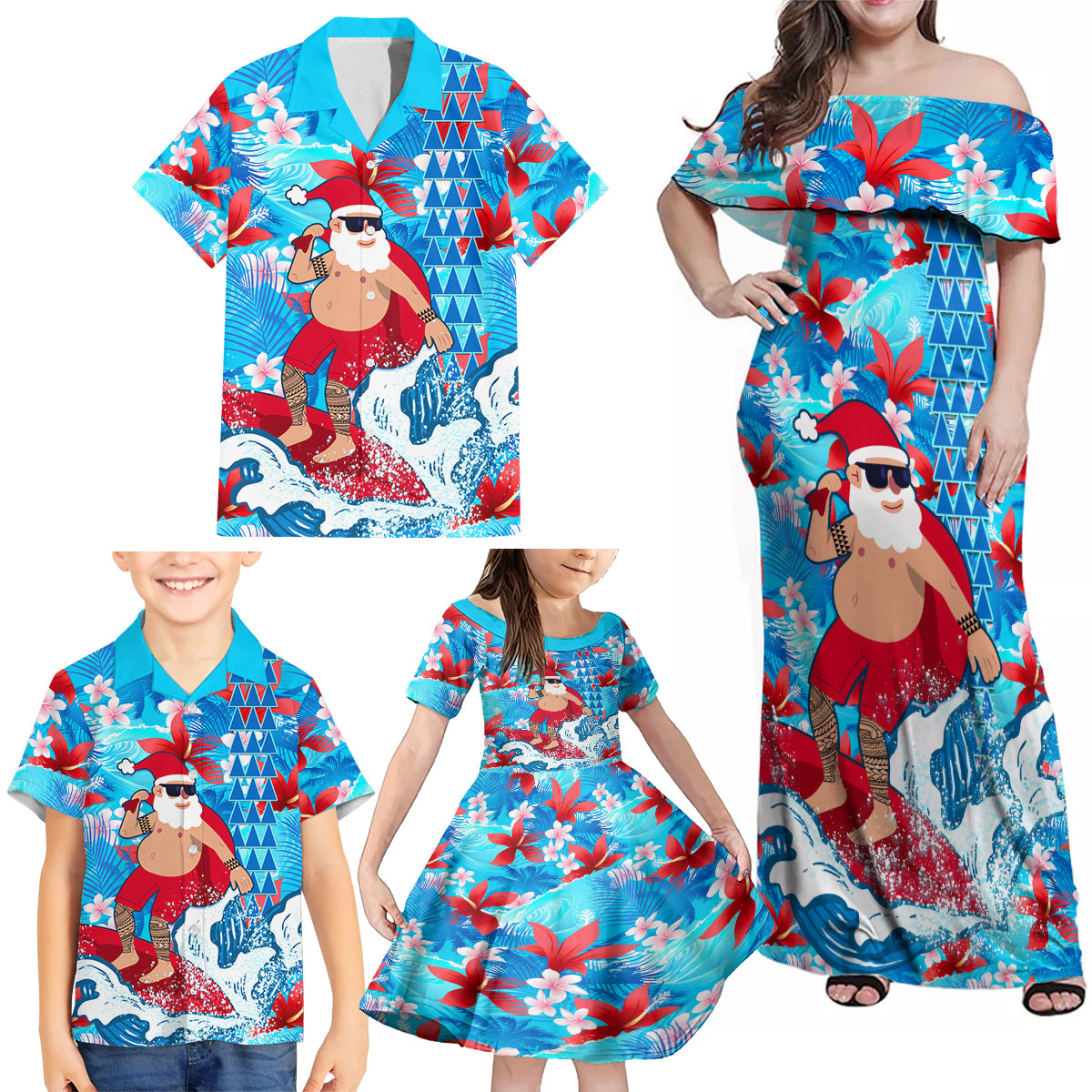 Hawaii Christmas Family Matching Off Shoulder Maxi Dress and Hawaiian Shirt Santa Claus Surfing Kakau Tropical Style LT01 - Polynesian Pride