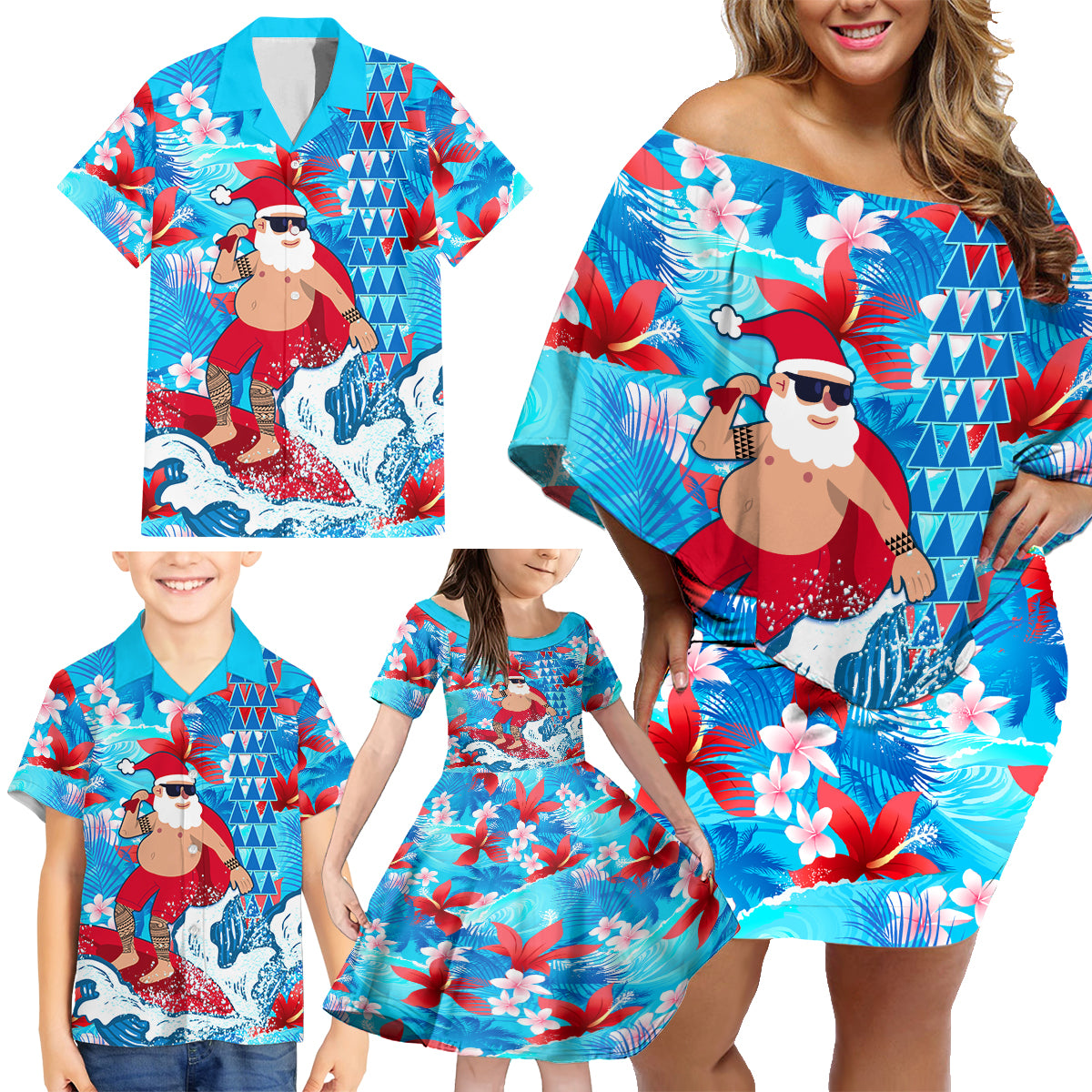 Hawaii Christmas Family Matching Off Shoulder Short Dress and Hawaiian Shirt Santa Claus Surfing Kakau Tropical Style LT01 - Polynesian Pride