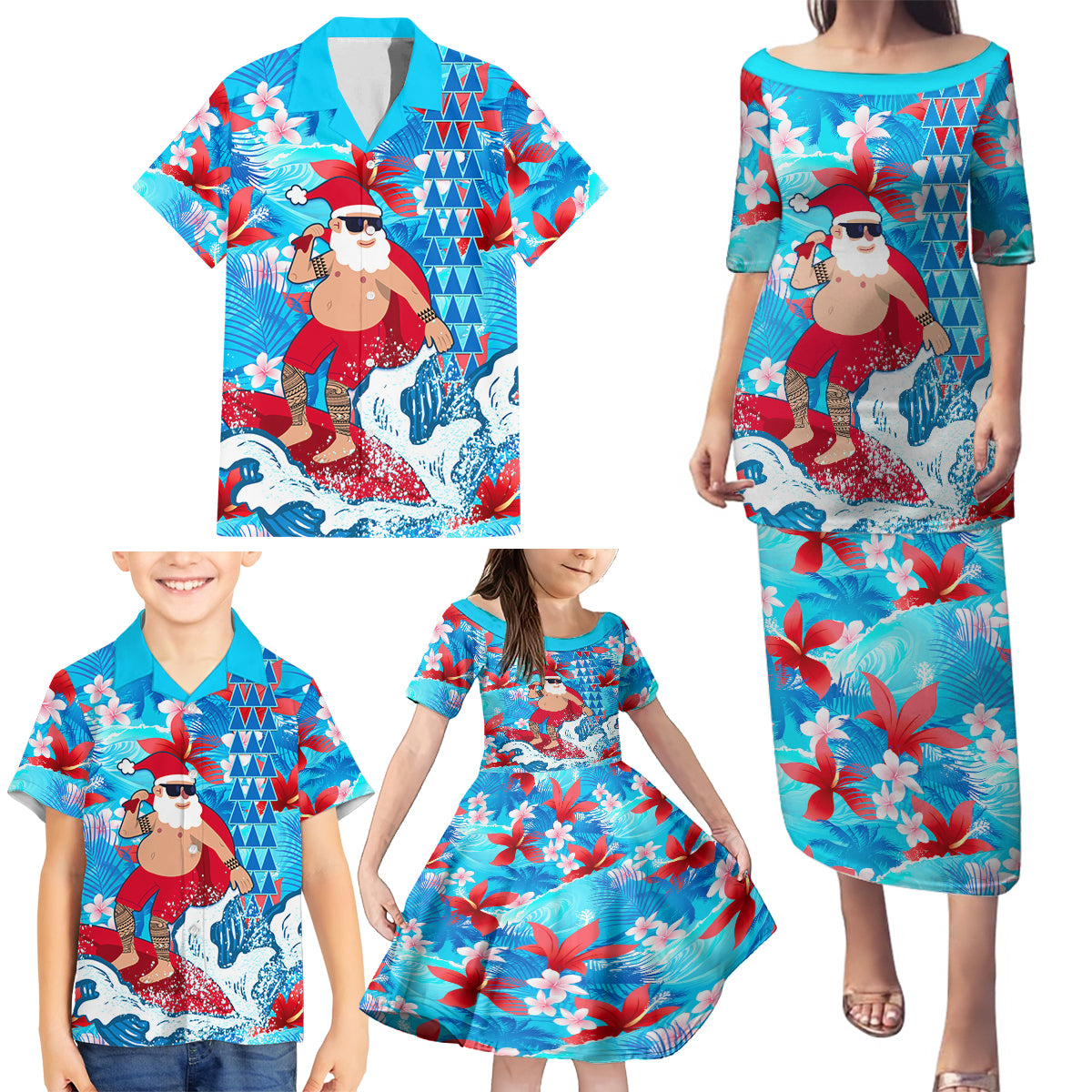 Hawaii Christmas Family Matching Puletasi Dress and Hawaiian Shirt Santa Claus Surfing Kakau Tropical Style LT01 - Polynesian Pride