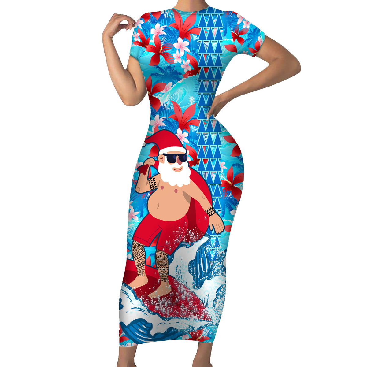 Hawaii Christmas Family Matching Short Sleeve Bodycon Dress and Hawaiian Shirt Santa Claus Surfing Kakau Tropical Style LT01 Mom's Dress Blue - Polynesian Pride