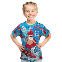 Hawaii Christmas Kid T Shirt Santa Claus Surfing Kakau Tropical Style LT01 Blue - Polynesian Pride