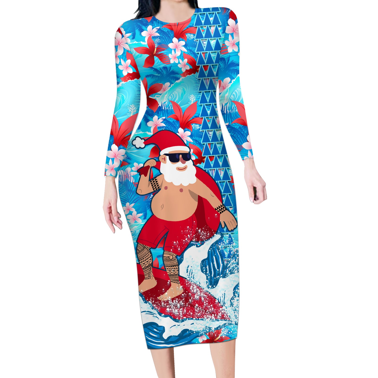 Hawaii Christmas Long Sleeve Bodycon Dress Santa Claus Surfing Kakau Tropical Style LT01 Long Dress Blue - Polynesian Pride