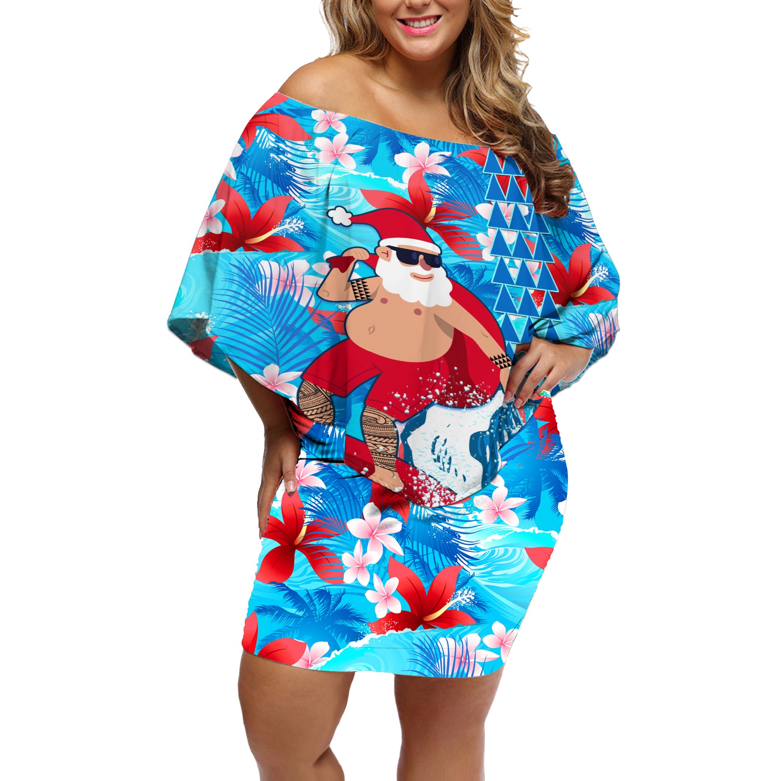 Hawaii Christmas Off Shoulder Short Dress Santa Claus Surfing Kakau Tropical Style LT01 Women Blue - Polynesian Pride