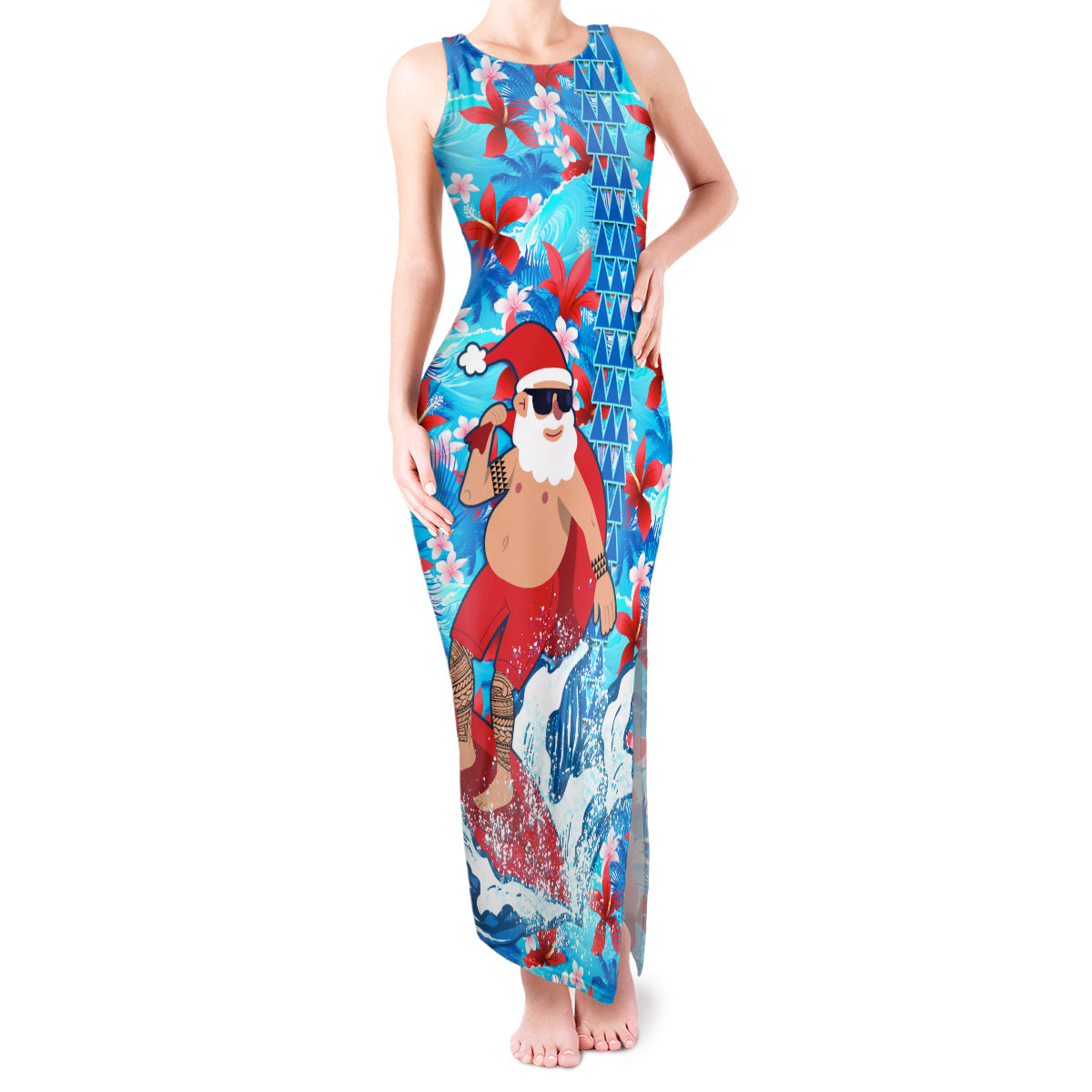 Hawaii Christmas Tank Maxi Dress Santa Claus Surfing Kakau Tropical Style LT01 Women Blue - Polynesian Pride