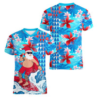 Hawaii Christmas Women V Neck T Shirt Santa Claus Surfing Kakau Tropical Style LT01 - Polynesian Pride
