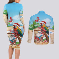 Personalized Hawaii Santa Parrot Christmas Couples Matching Long Sleeve Bodycon Dress and Long Sleeve Button Shirt Summer Vibe - Polynesian Pride