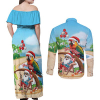 Personalized Hawaii Santa Parrot Christmas Couples Matching Off Shoulder Maxi Dress and Long Sleeve Button Shirt Summer Vibe - Polynesian Pride