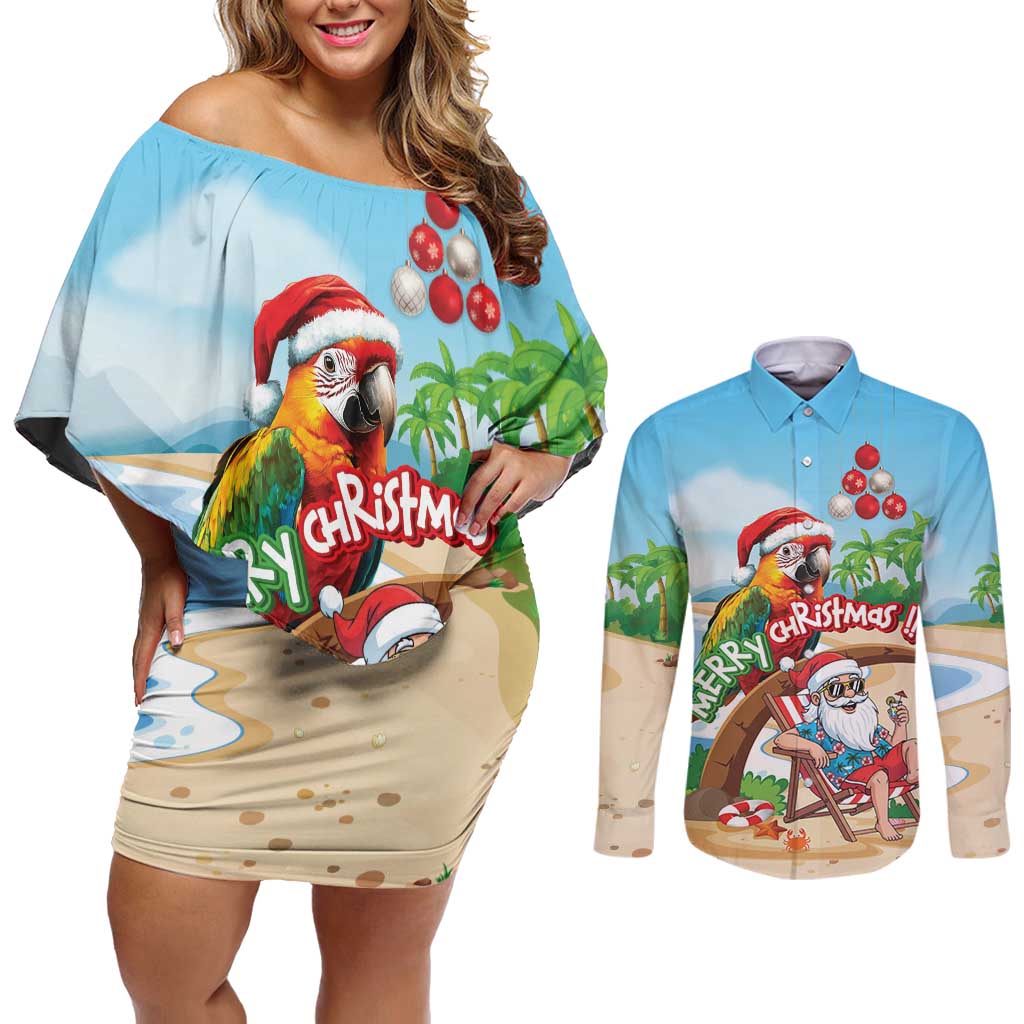 Personalized Hawaii Santa Parrot Christmas Couples Matching Off Shoulder Short Dress and Long Sleeve Button Shirt Summer Vibe - Polynesian Pride