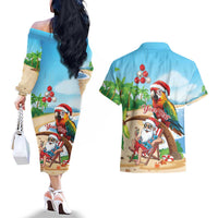 Personalized Hawaii Santa Parrot Christmas Couples Matching Off The Shoulder Long Sleeve Dress and Hawaiian Shirt Summer Vibe - Polynesian Pride