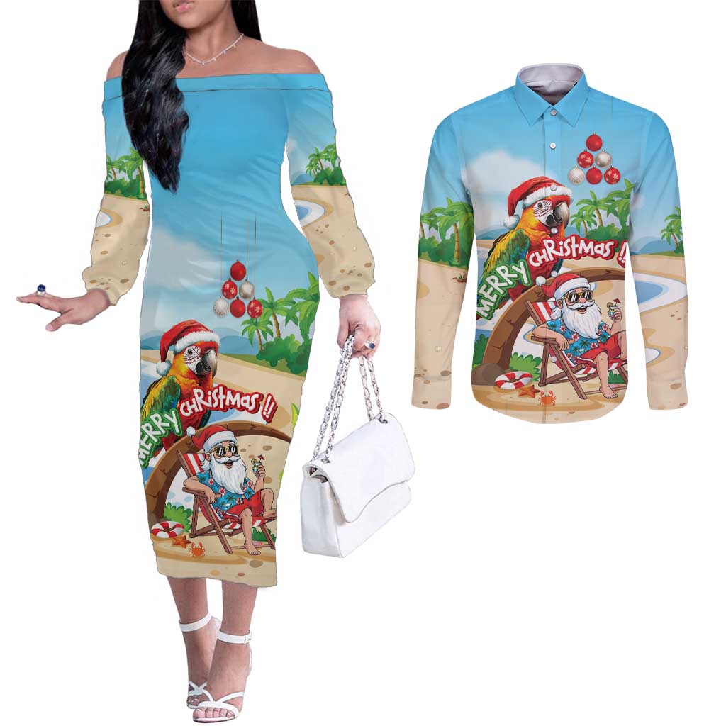 Personalized Hawaii Santa Parrot Christmas Couples Matching Off The Shoulder Long Sleeve Dress and Long Sleeve Button Shirt Summer Vibe - Polynesian Pride
