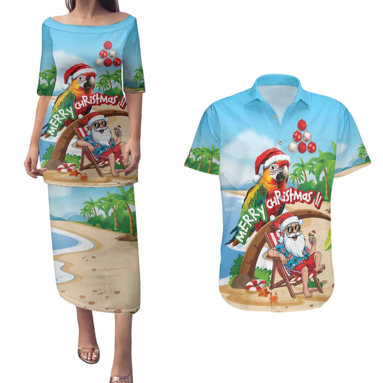 Personalized Hawaii Santa Parrot Christmas Couples Matching Puletasi and Hawaiian Shirt Summer Vibe - Polynesian Pride