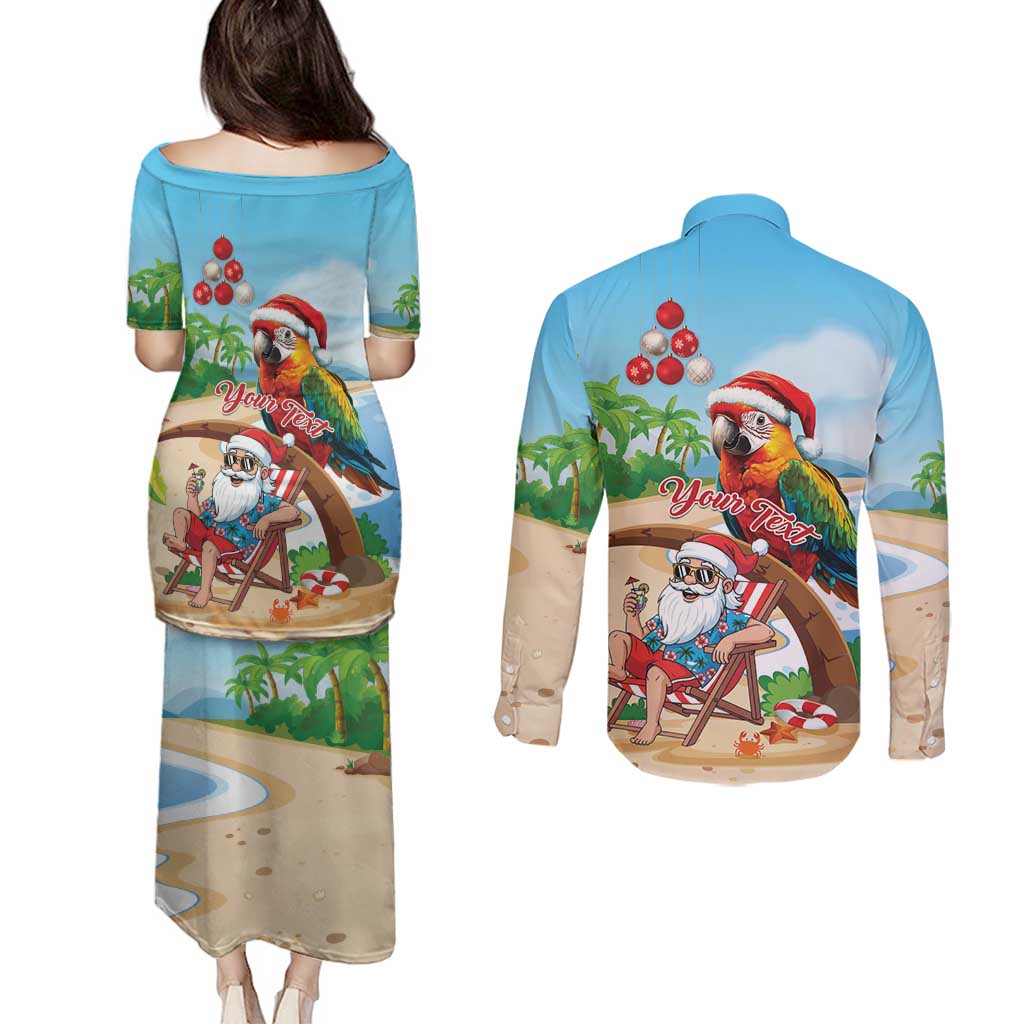 Personalized Hawaii Santa Parrot Christmas Couples Matching Puletasi and Long Sleeve Button Shirt Summer Vibe - Polynesian Pride