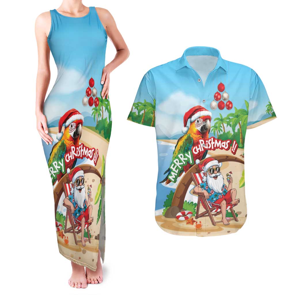 Personalized Hawaii Santa Parrot Christmas Couples Matching Tank Maxi Dress and Hawaiian Shirt Summer Vibe - Polynesian Pride