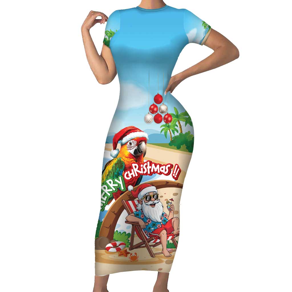 Personalized Hawaii Santa Parrot Christmas Family Matching Short Sleeve Bodycon Dress and Hawaiian Shirt Summer Vibe - Polynesian Pride