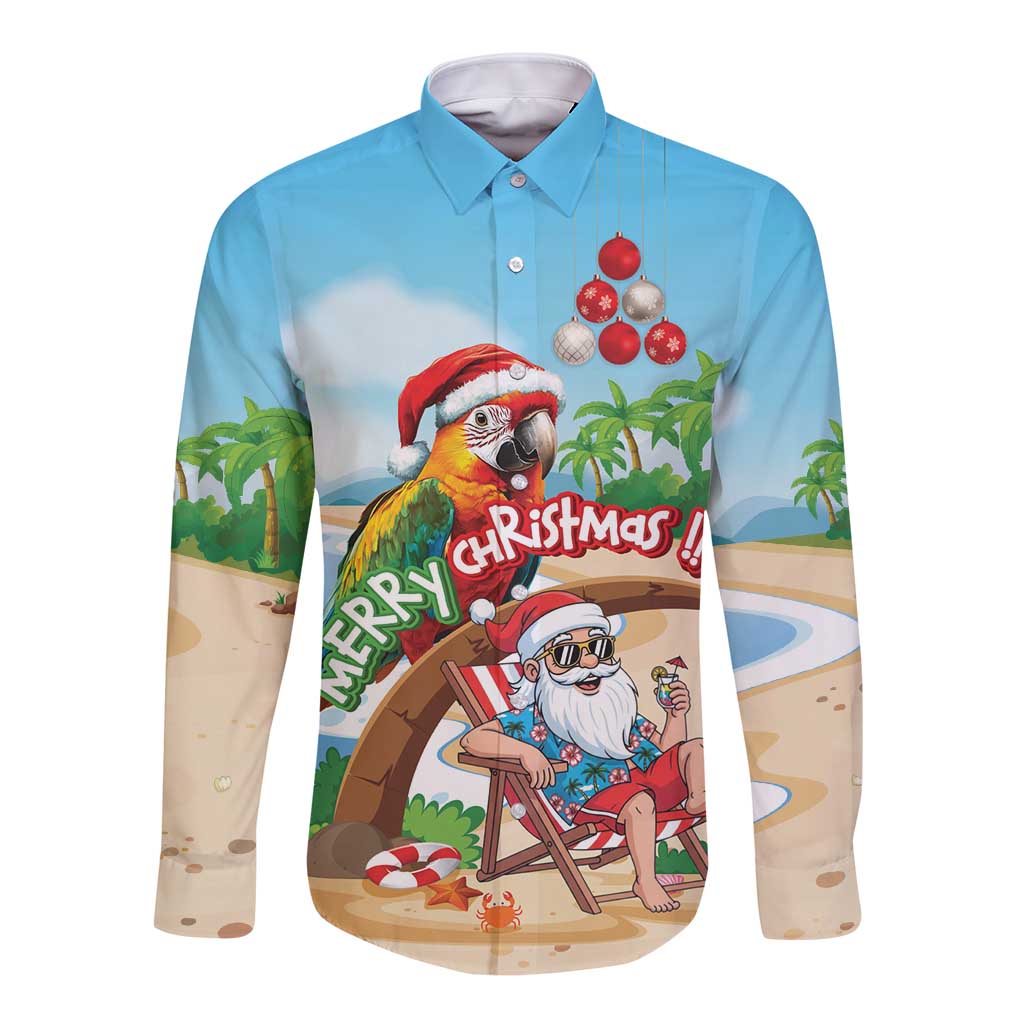Personalized Hawaii Santa Parrot Christmas Long Sleeve Button Shirt Summer Vibe - Polynesian Pride
