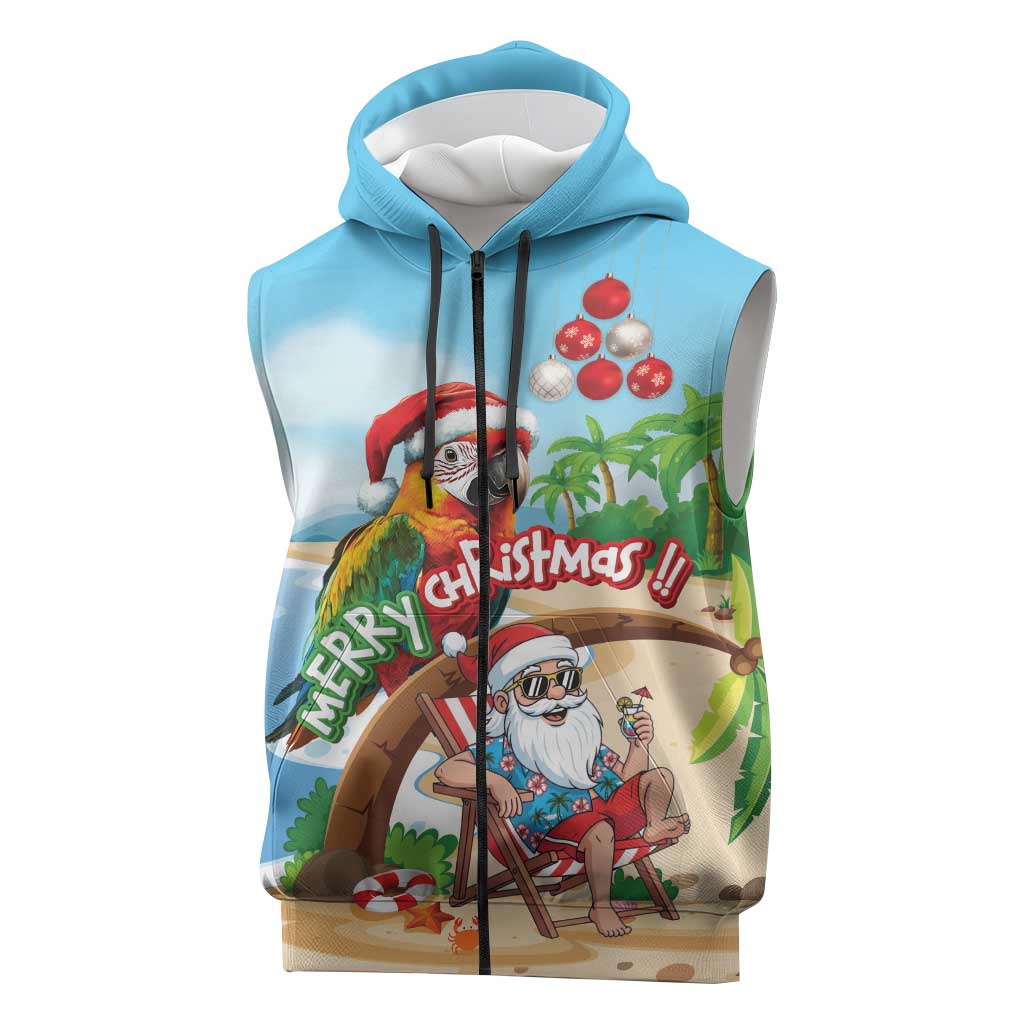 Personalized Hawaii Santa Parrot Christmas Sleeveless Zip Hoodie Summer Vibe - Polynesian Pride
