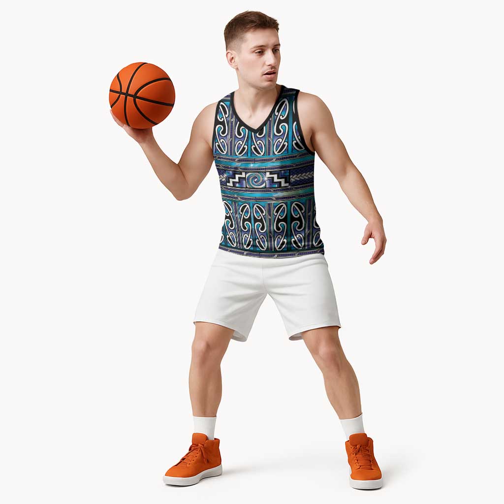 Maori Matariki Basketball Jersey Blue Galaxy Aesthetic Koru Art LT01 - Polynesian Pride