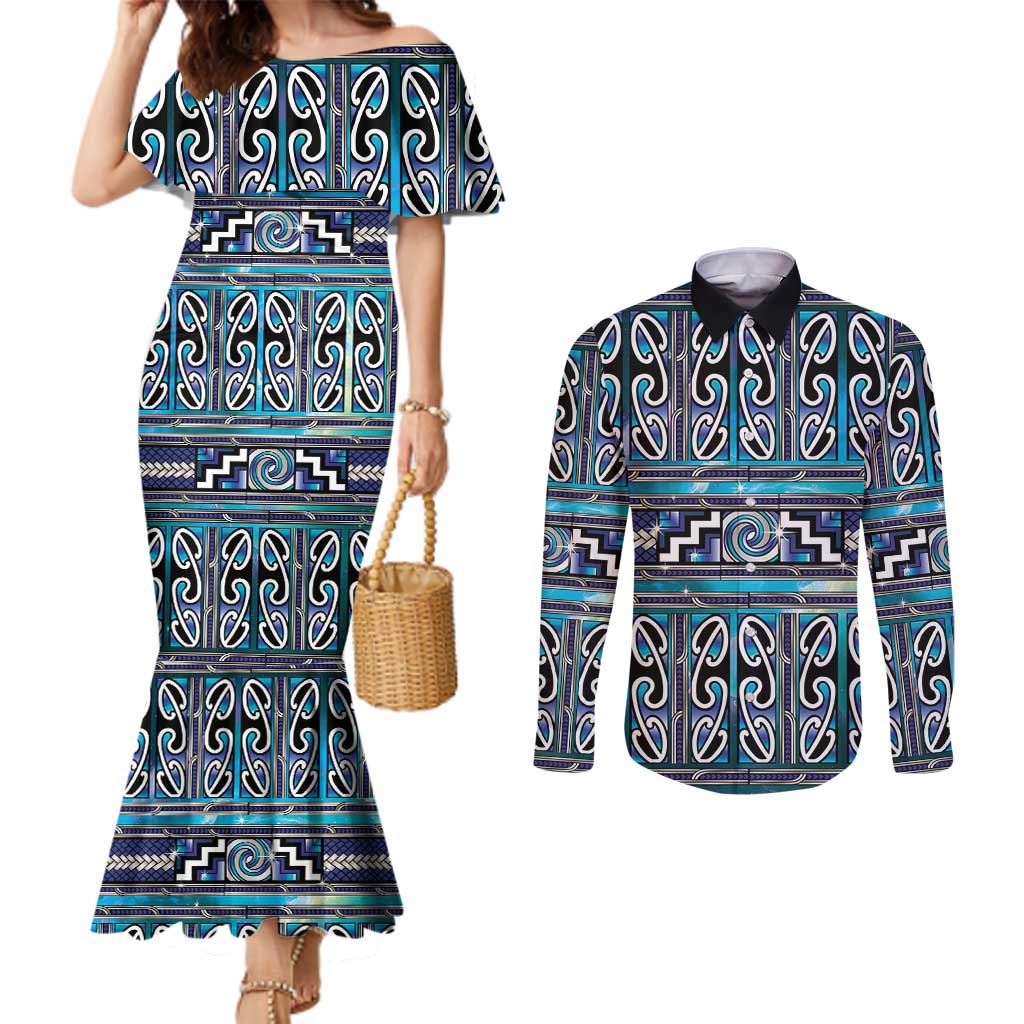 Maori Matariki Couples Matching Mermaid Dress and Long Sleeve Button Shirt Blue Galaxy Aesthetic Koru Art LT01 Blue - Polynesian Pride