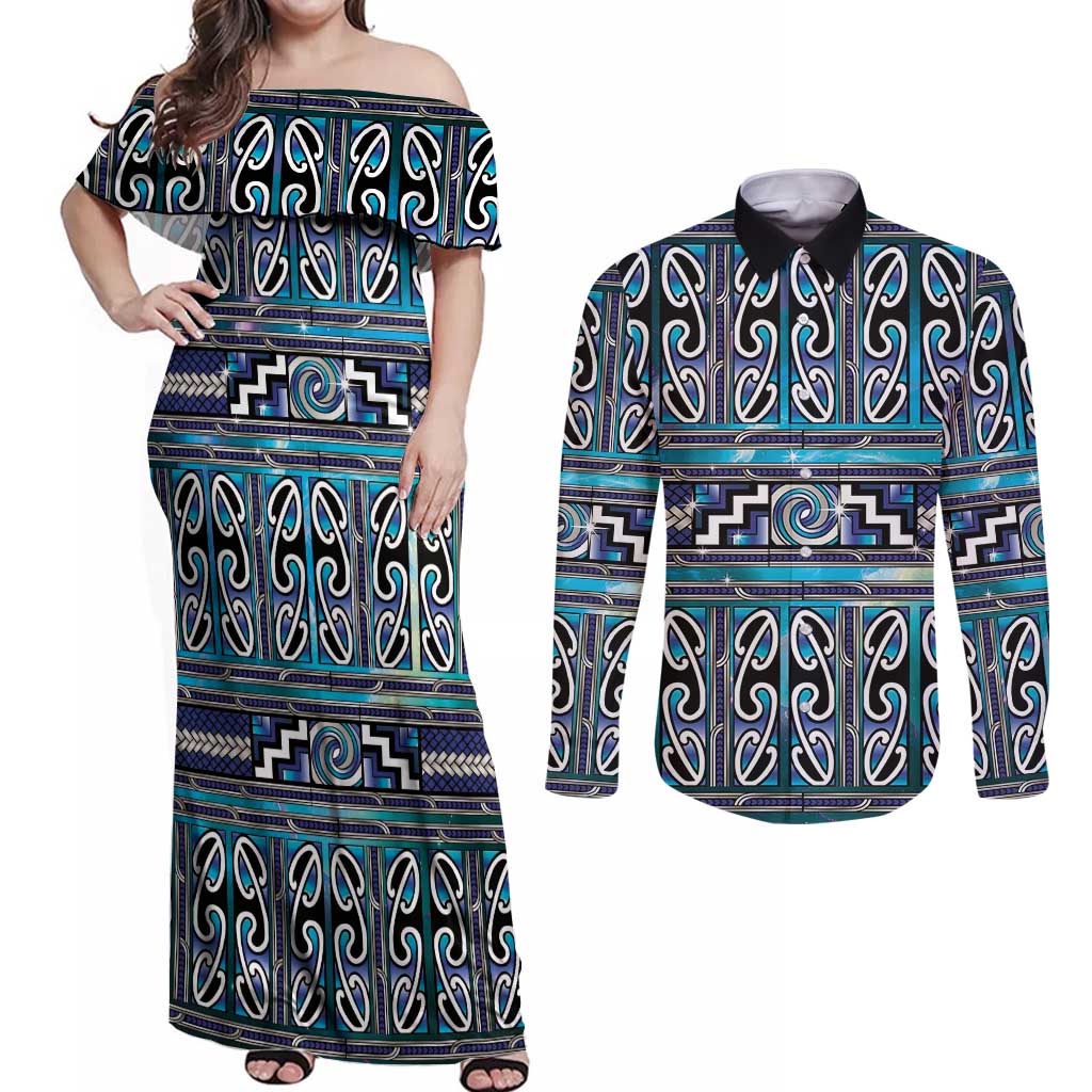 Maori Matariki Couples Matching Off Shoulder Maxi Dress and Long Sleeve Button Shirt Blue Galaxy Aesthetic Koru Art LT01 Blue - Polynesian Pride