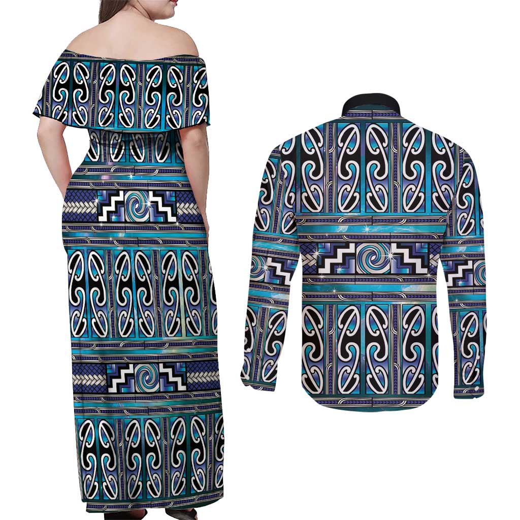 Maori Matariki Couples Matching Off Shoulder Maxi Dress and Long Sleeve Button Shirt Blue Galaxy Aesthetic Koru Art LT01 - Polynesian Pride