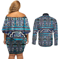 Maori Matariki Couples Matching Off Shoulder Short Dress and Long Sleeve Button Shirt Blue Galaxy Aesthetic Koru Art