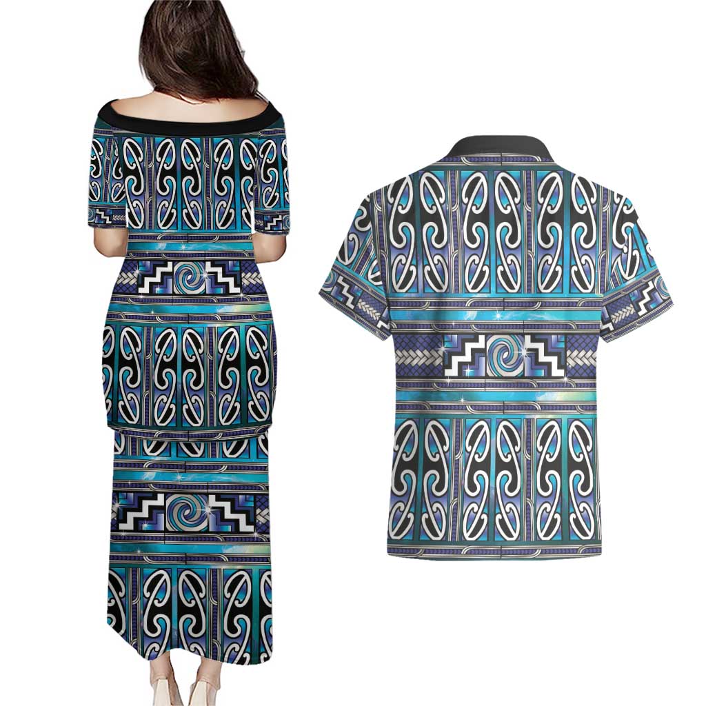Maori Matariki Couples Matching Puletasi and Hawaiian Shirt Blue Galaxy Aesthetic Koru Art LT01 - Polynesian Pride