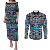 Maori Matariki Couples Matching Puletasi and Long Sleeve Button Shirt Blue Galaxy Aesthetic Koru Art LT01 Blue - Polynesian Pride