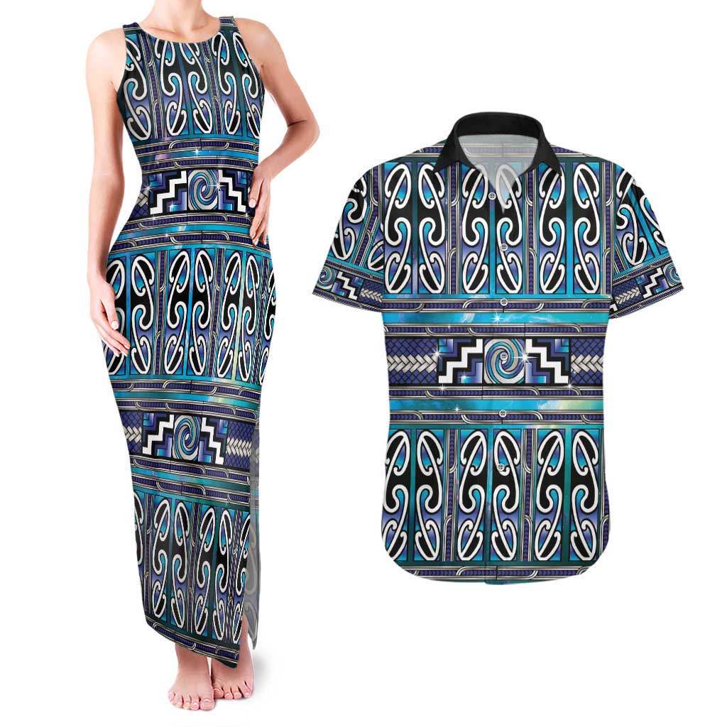 Maori Matariki Couples Matching Tank Maxi Dress and Hawaiian Shirt Blue Galaxy Aesthetic Koru Art LT01 Blue - Polynesian Pride