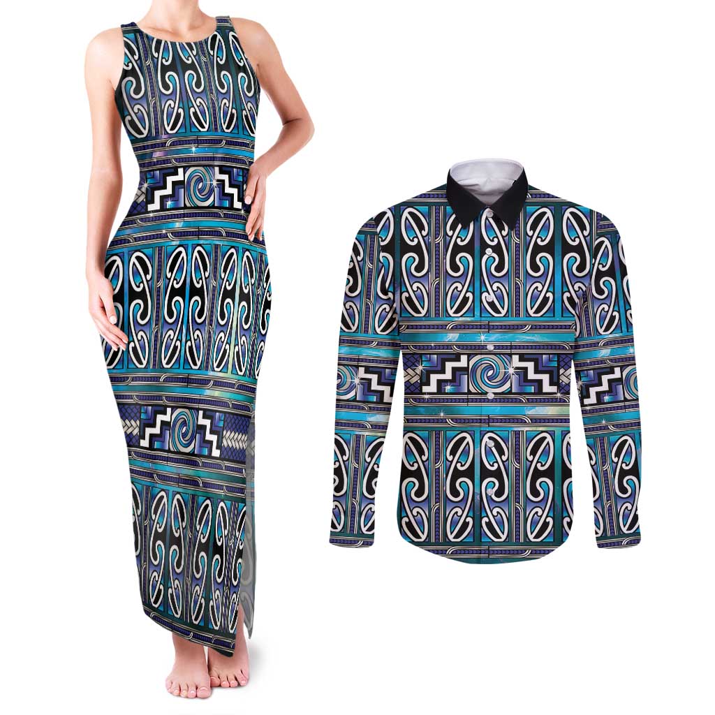 Maori Matariki Couples Matching Tank Maxi Dress and Long Sleeve Button Shirt Blue Galaxy Aesthetic Koru Art LT01 Blue - Polynesian Pride