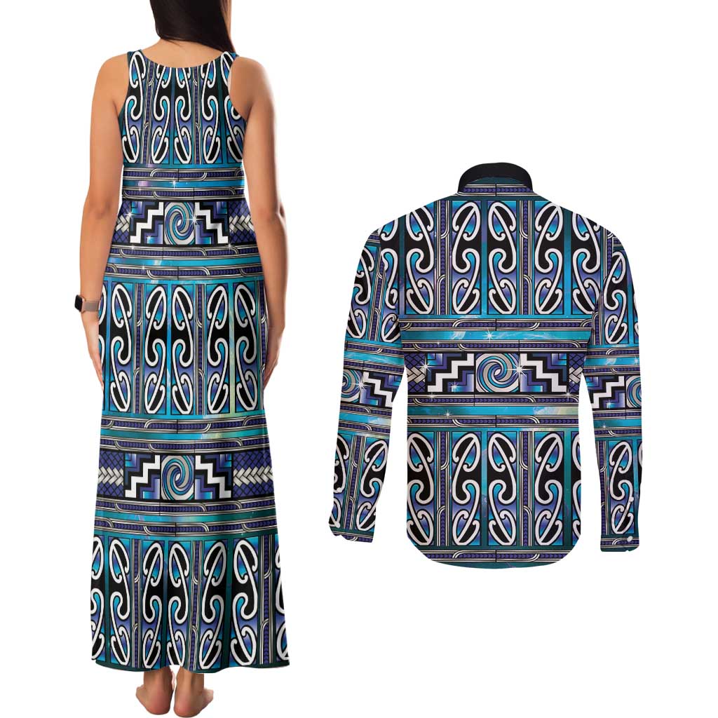 Maori Matariki Couples Matching Tank Maxi Dress and Long Sleeve Button Shirt Blue Galaxy Aesthetic Koru Art LT01 - Polynesian Pride