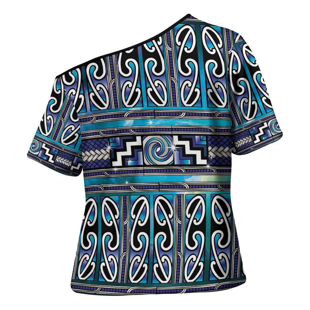 Maori Matariki Cross Shoulder Shirt Blue Galaxy Aesthetic Koru Art LT01 - Polynesian Pride
