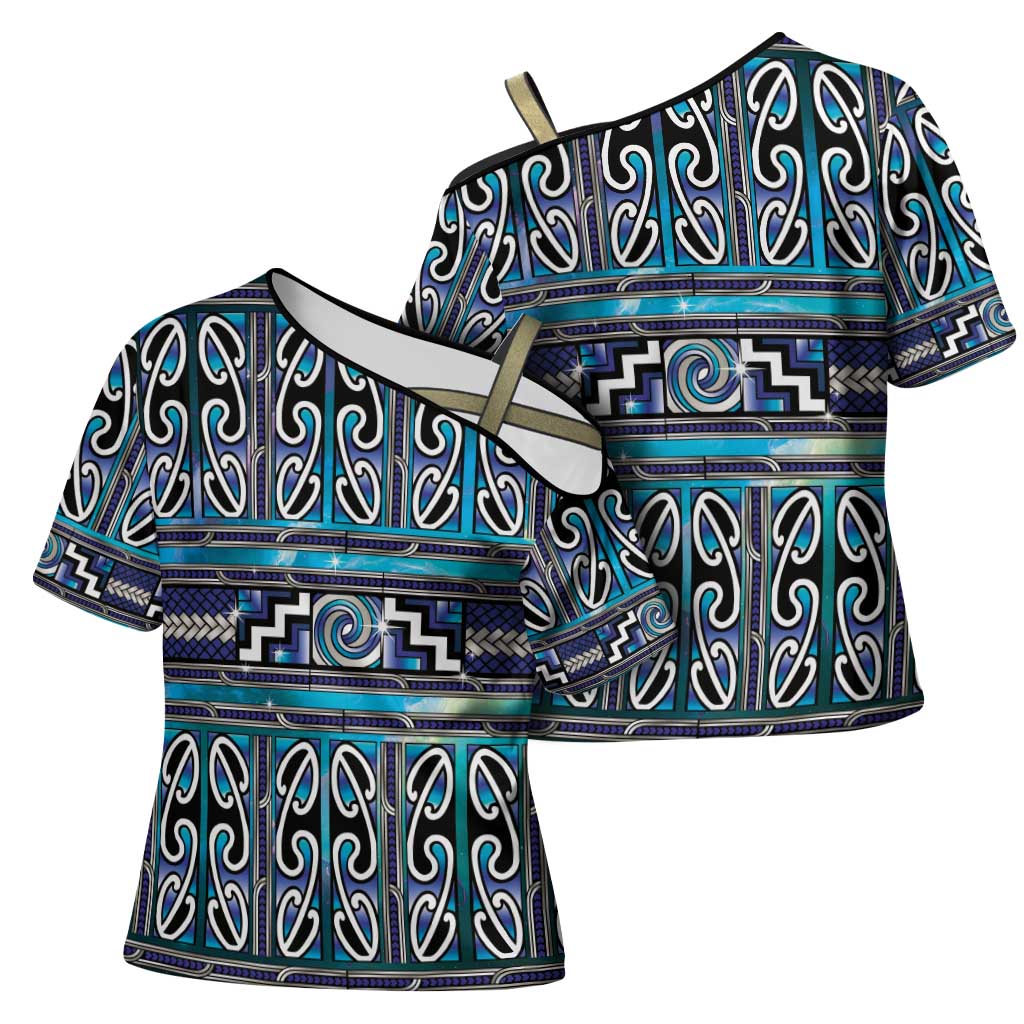 Maori Matariki Cross Shoulder Shirt Blue Galaxy Aesthetic Koru Art LT01 - Polynesian Pride