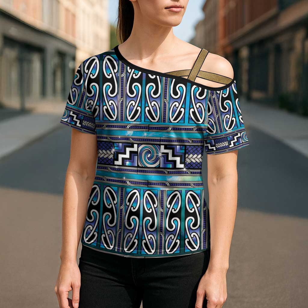 Maori Matariki Cross Shoulder Shirt Blue Galaxy Aesthetic Koru Art LT01 - Polynesian Pride