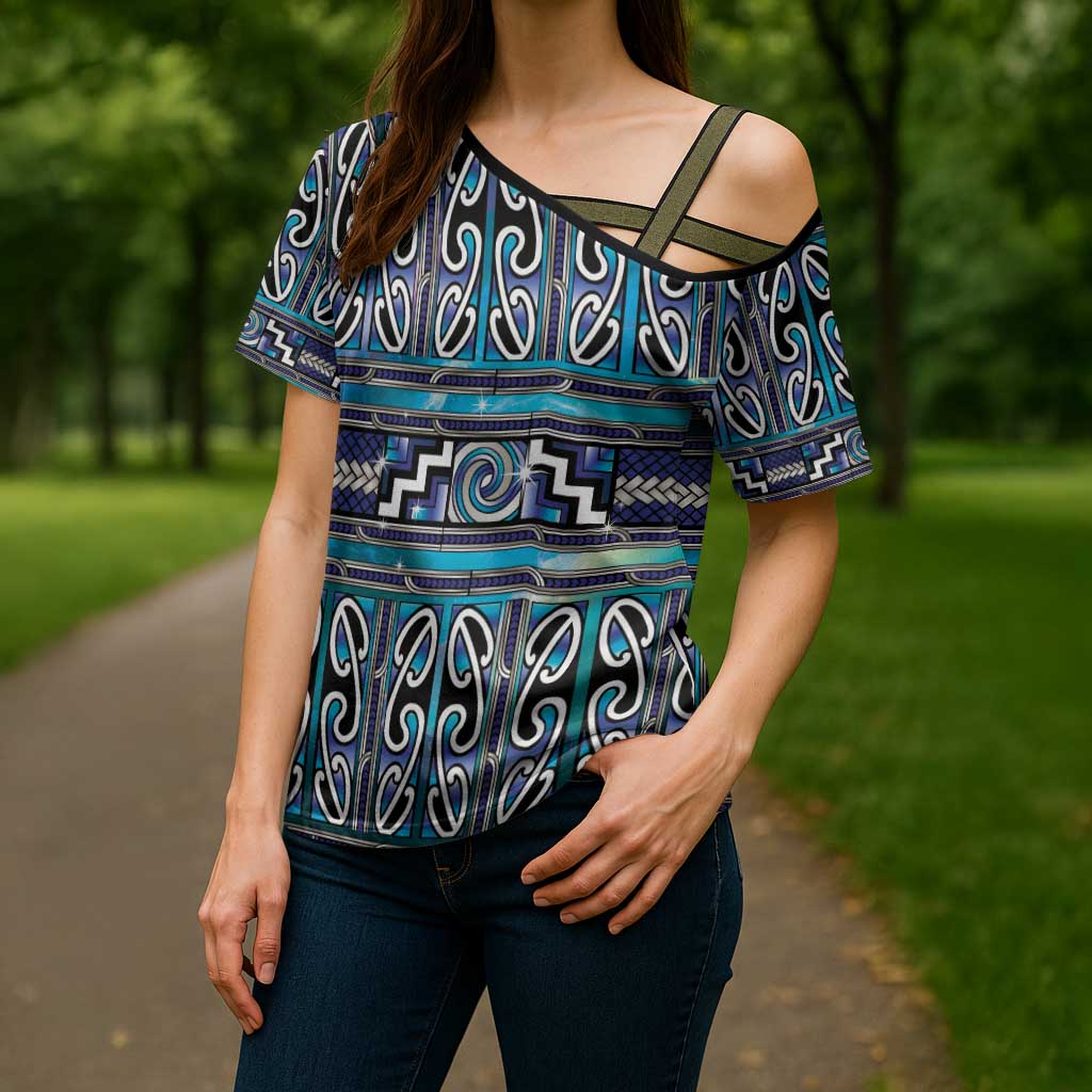 Maori Matariki Cross Shoulder Shirt Blue Galaxy Aesthetic Koru Art LT01 - Polynesian Pride
