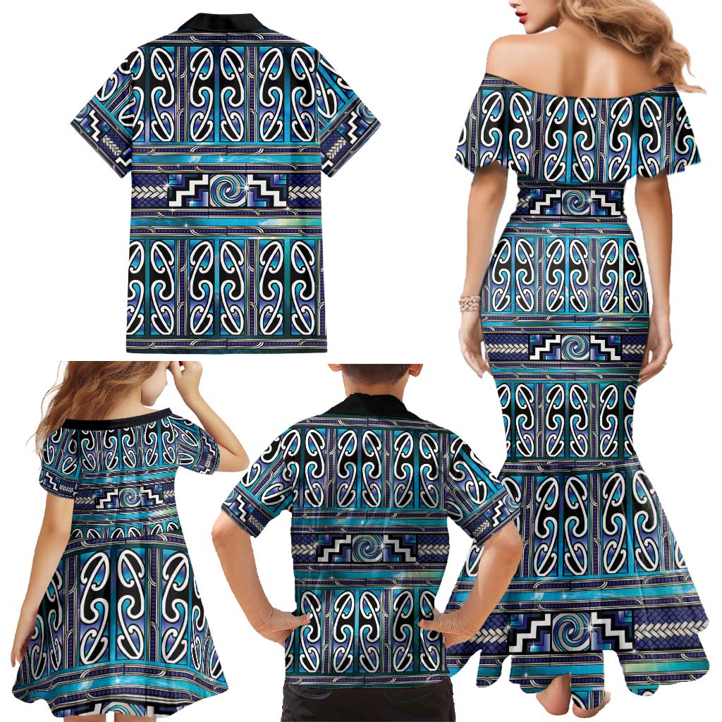 Maori Matariki Family Matching Mermaid Dress and Hawaiian Shirt Blue Galaxy Aesthetic Koru Art