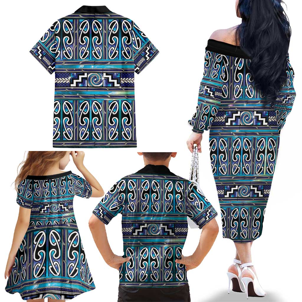 Maori Matariki Family Matching Off The Shoulder Long Sleeve Dress and Hawaiian Shirt Blue Galaxy Aesthetic Koru Art