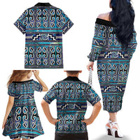 Maori Matariki Family Matching Off The Shoulder Long Sleeve Dress and Hawaiian Shirt Blue Galaxy Aesthetic Koru Art