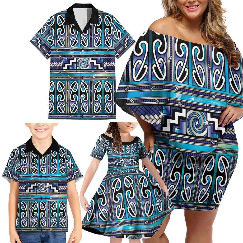 Maori Matariki Family Matching Off Shoulder Short Dress and Hawaiian Shirt Blue Galaxy Aesthetic Koru Art LT01 - Polynesian Pride