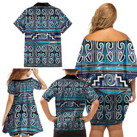 Maori Matariki Family Matching Off Shoulder Short Dress and Hawaiian Shirt Blue Galaxy Aesthetic Koru Art