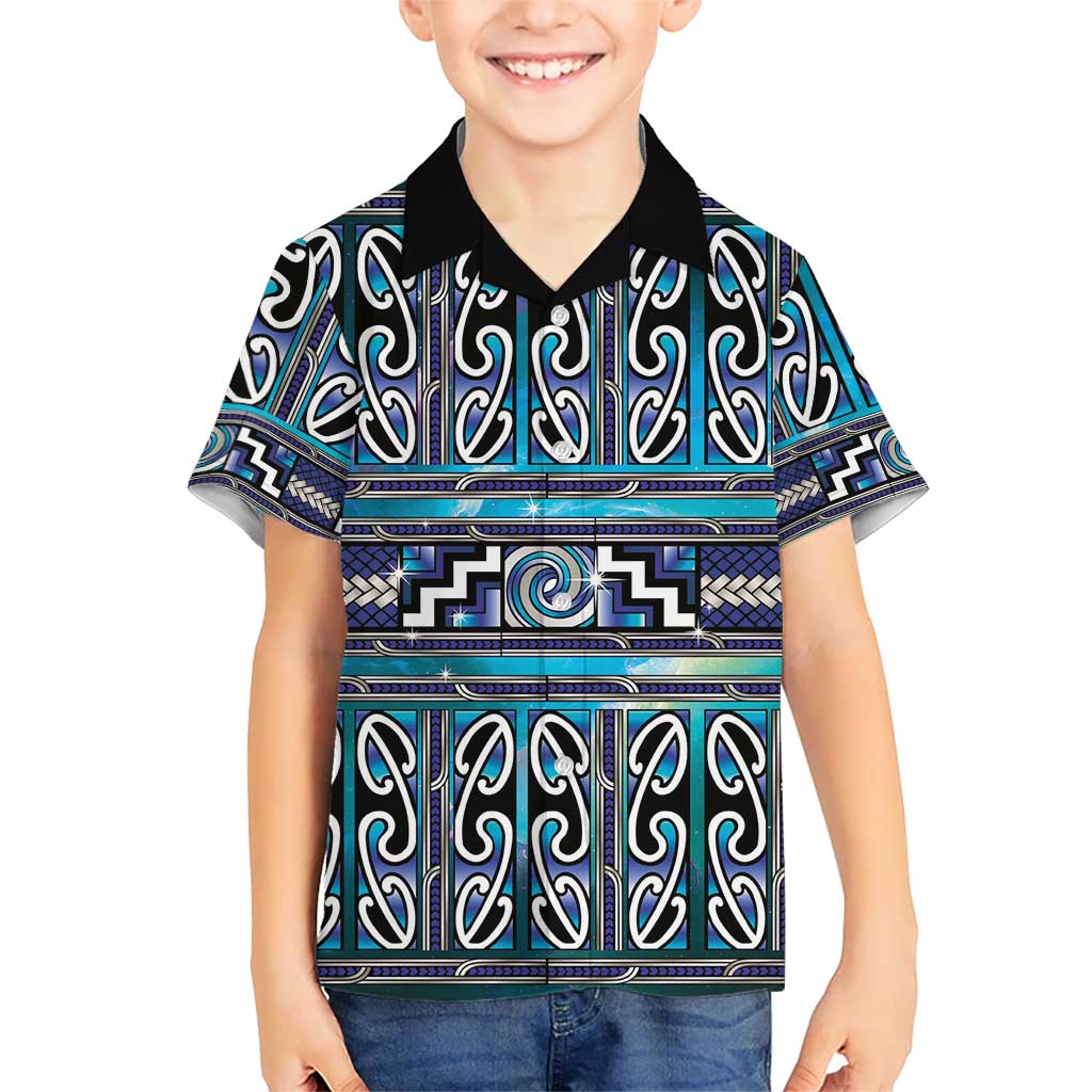 Maori Matariki Family Matching Off Shoulder Short Dress and Hawaiian Shirt Blue Galaxy Aesthetic Koru Art